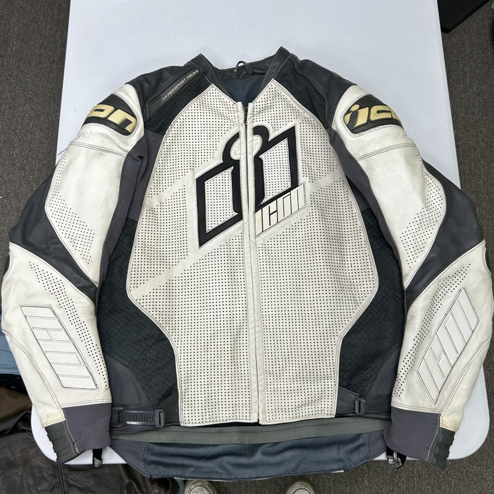 Icon Hypersport Prime Jacket Mens LG White Grey D3O Armor Leather Moto